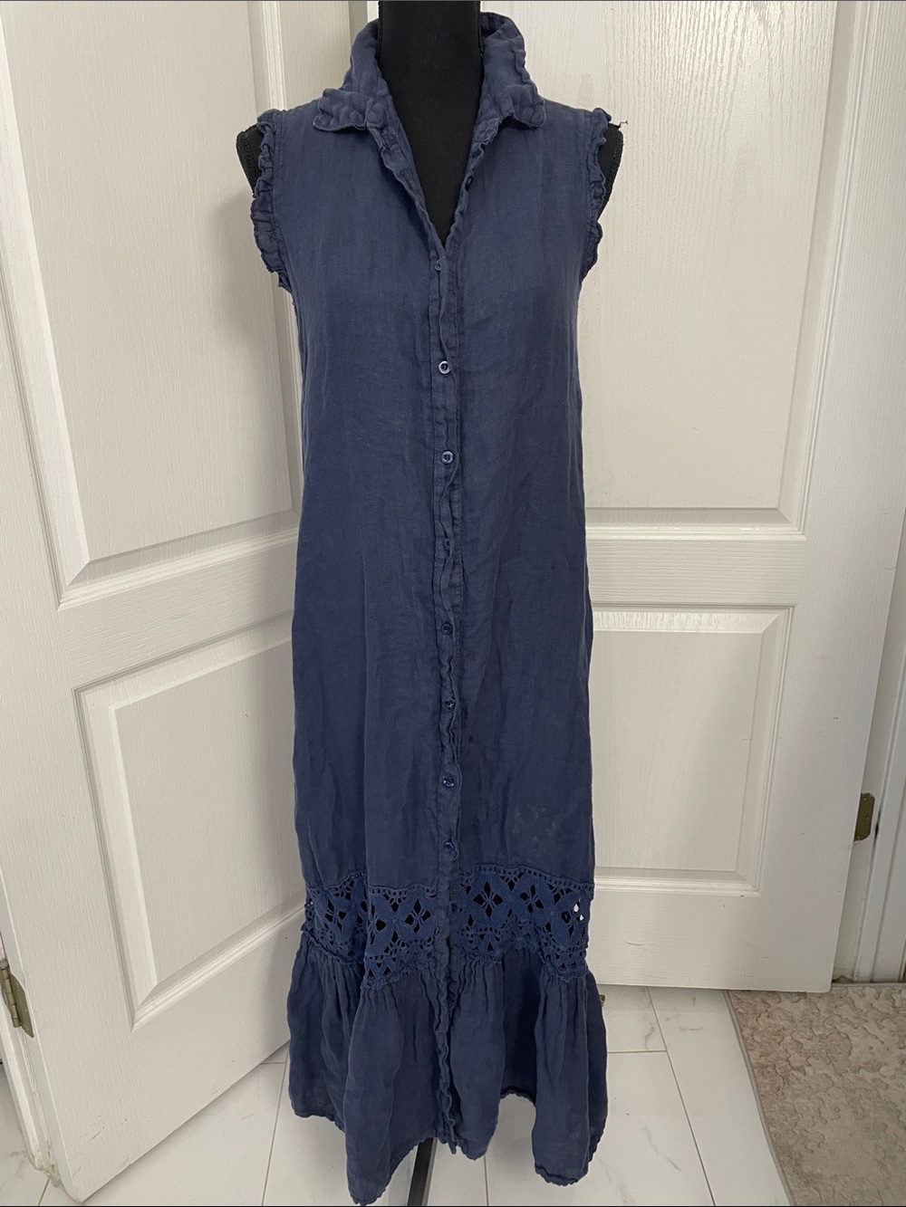 Le Ragazze made in Italy pure linen navy dress lace maxi midi S summer cruise